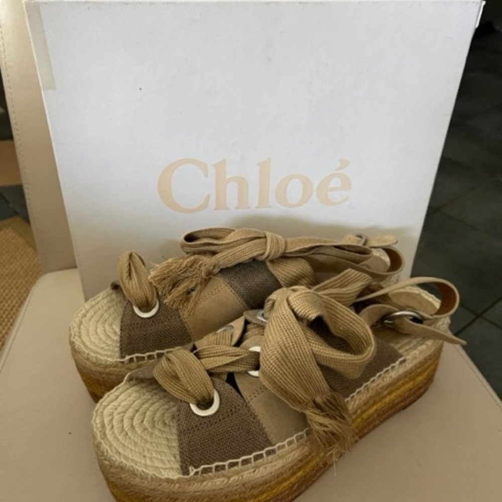 Chloe- Wedge Espadrilles- Dusty Khaki - New in Box- Size 41, Lace up.